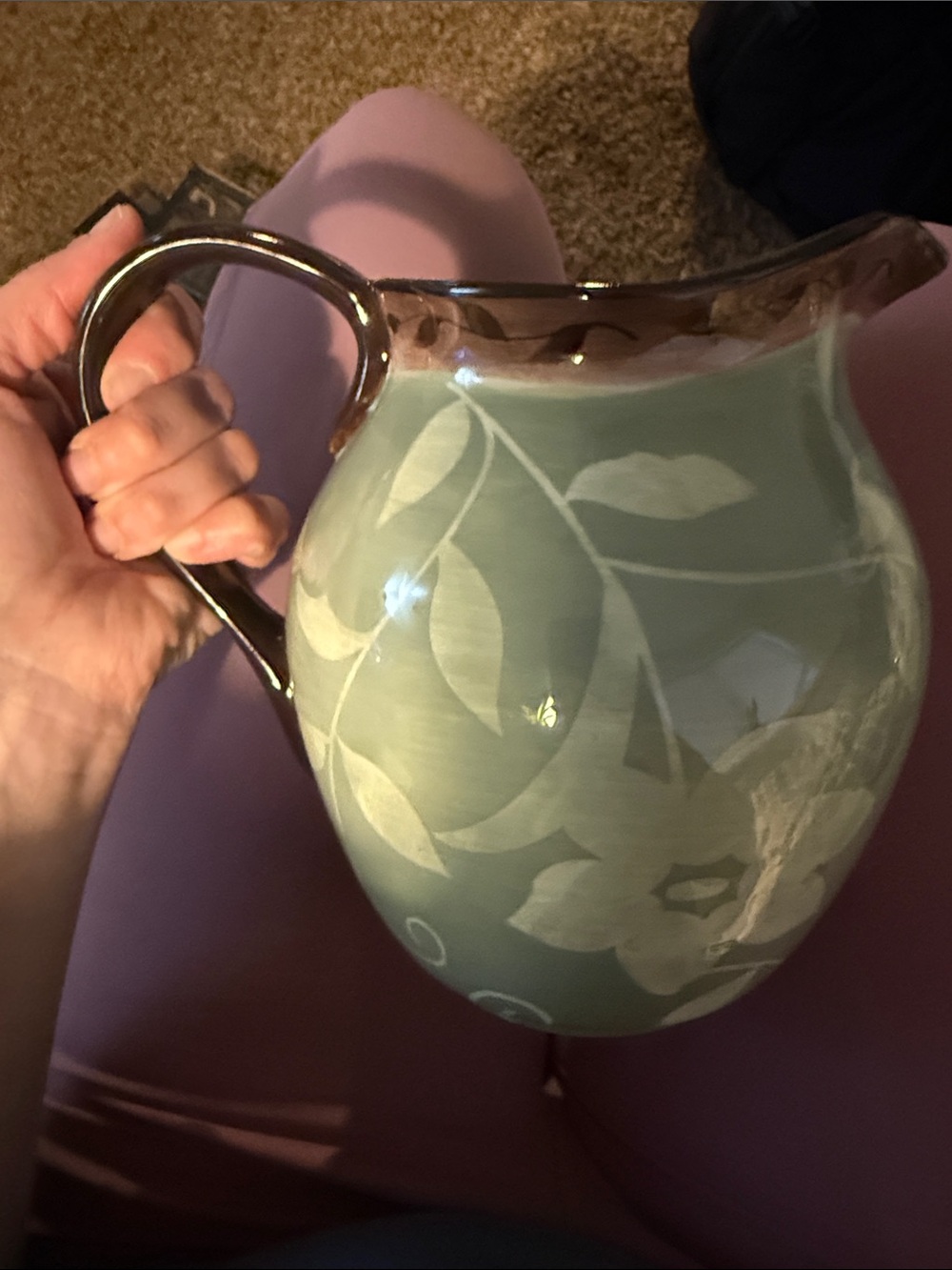 Pfaltzgraff Patio Garden 80 Oz-8” Tall Stoneware Pitcher Green Floral Brown Trim